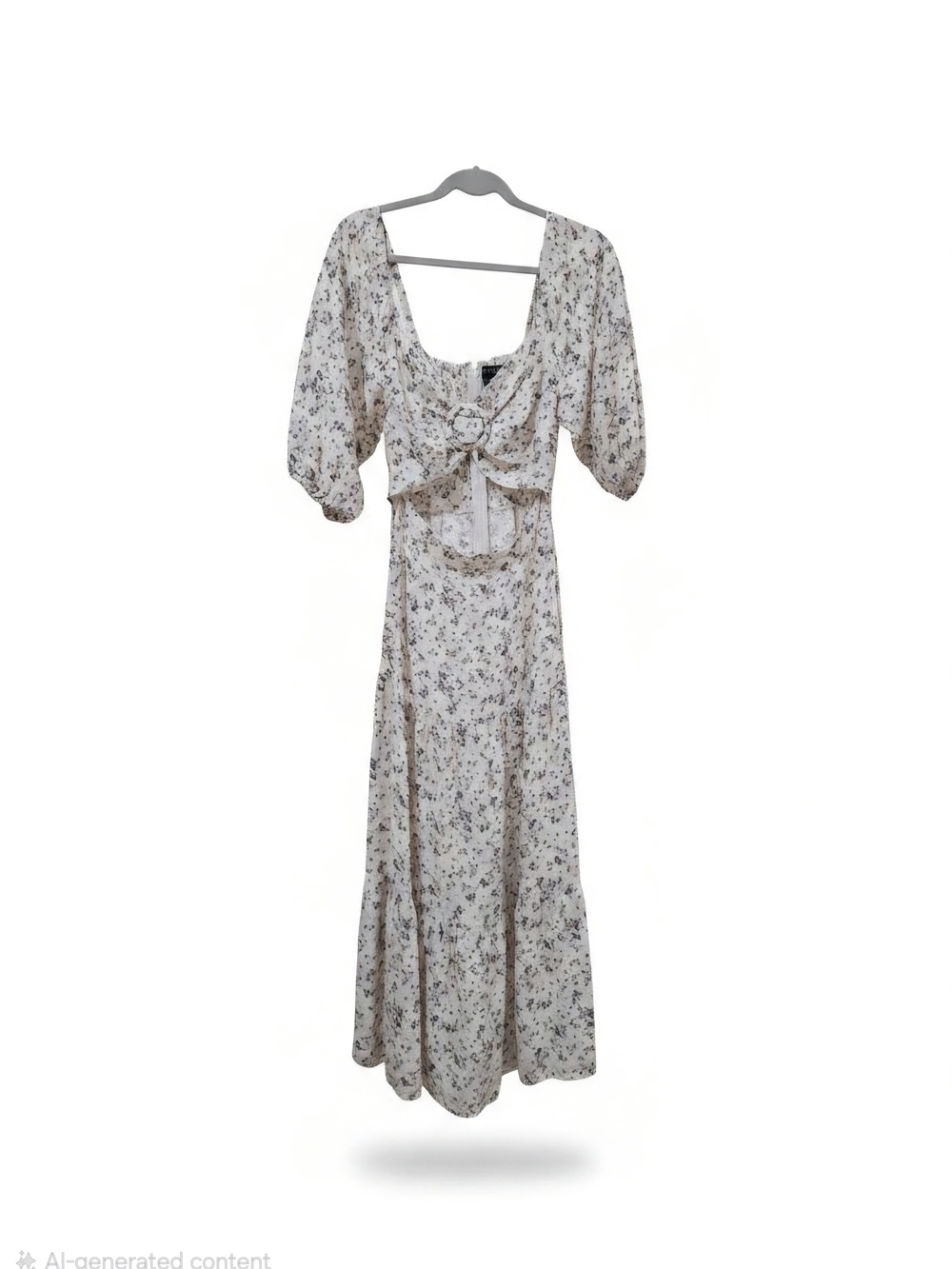 MINKPINK Cream Floral Tie-Front Midi Dress with Puff Sleeves